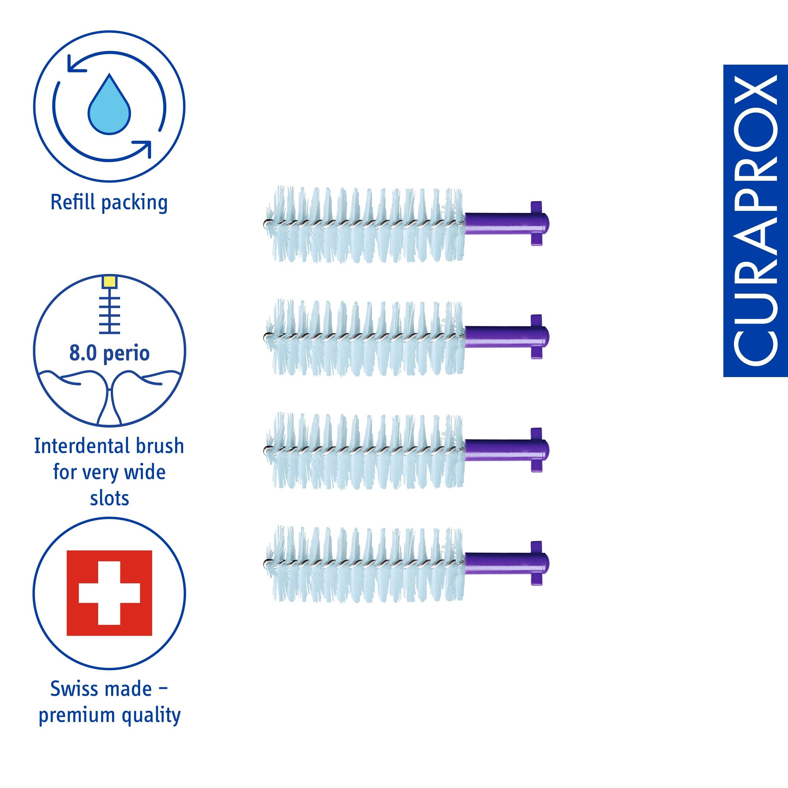 Curaprox Interdental Brush Refills CPS 408 Perio-Per ampi spazi interdentali e cura delle gengive/Filamenti ultra-fini per una pulizia delicata/Viola / 4-Pack/Progettato in Svizzera