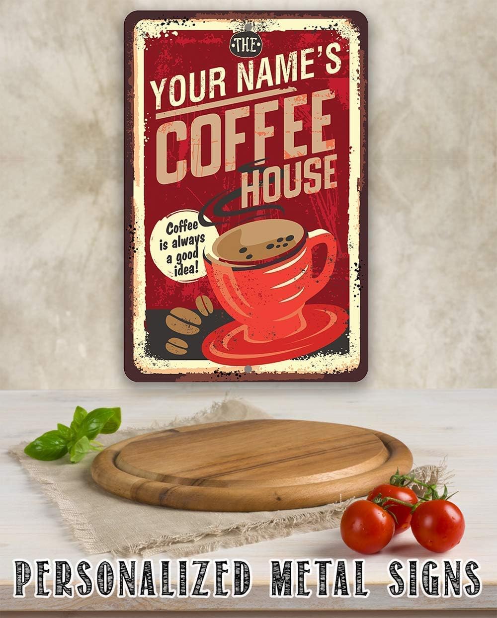 Coffee Sign - Personalized - Coffee House - Tin Metal Coffee Bar Sign - Indoor/Outdoor - Vintage Wall Decor & Coffee Accessories for Coffee Bar, Restaurant, Cafe, Kitchen & Dining Room