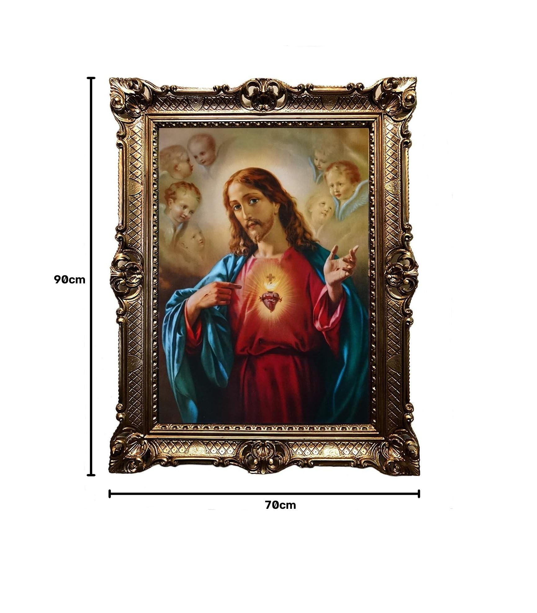 Jesus Christus Engel Herz Gemälde Antik Barock Rahmen Künstler Bild Wandbild 70x90cm Kunstdrucke Gemälde Religiöse Bilder Kunst von Heiligen Heiligenbild Retro Repro für Home Büro Praxis Café 58B