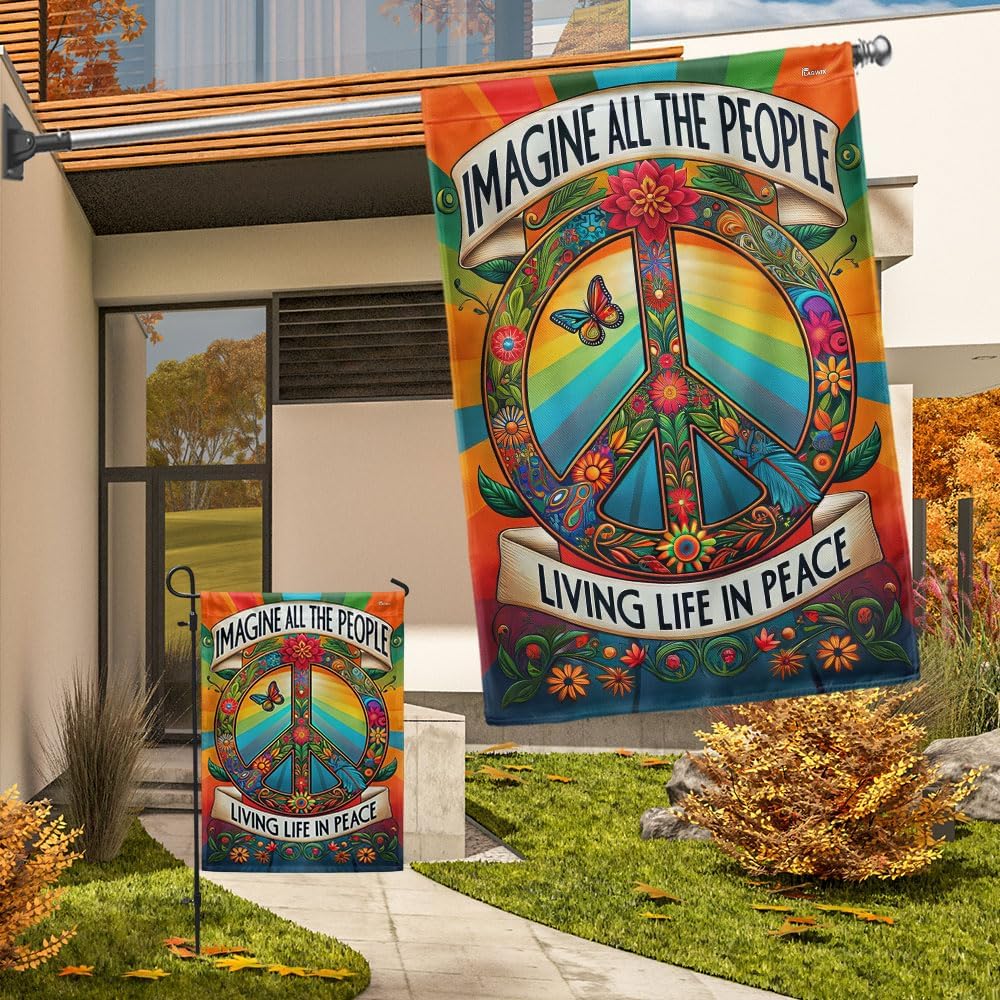 American Flag-Peace Sign Hippie Flag Imagine All The People Living Life In Peace Flag MLN3253F, Garden Flag (11.5" x 17.5")-USA Flags Premium Polyester-Decorative Indoor Outdoor Flag