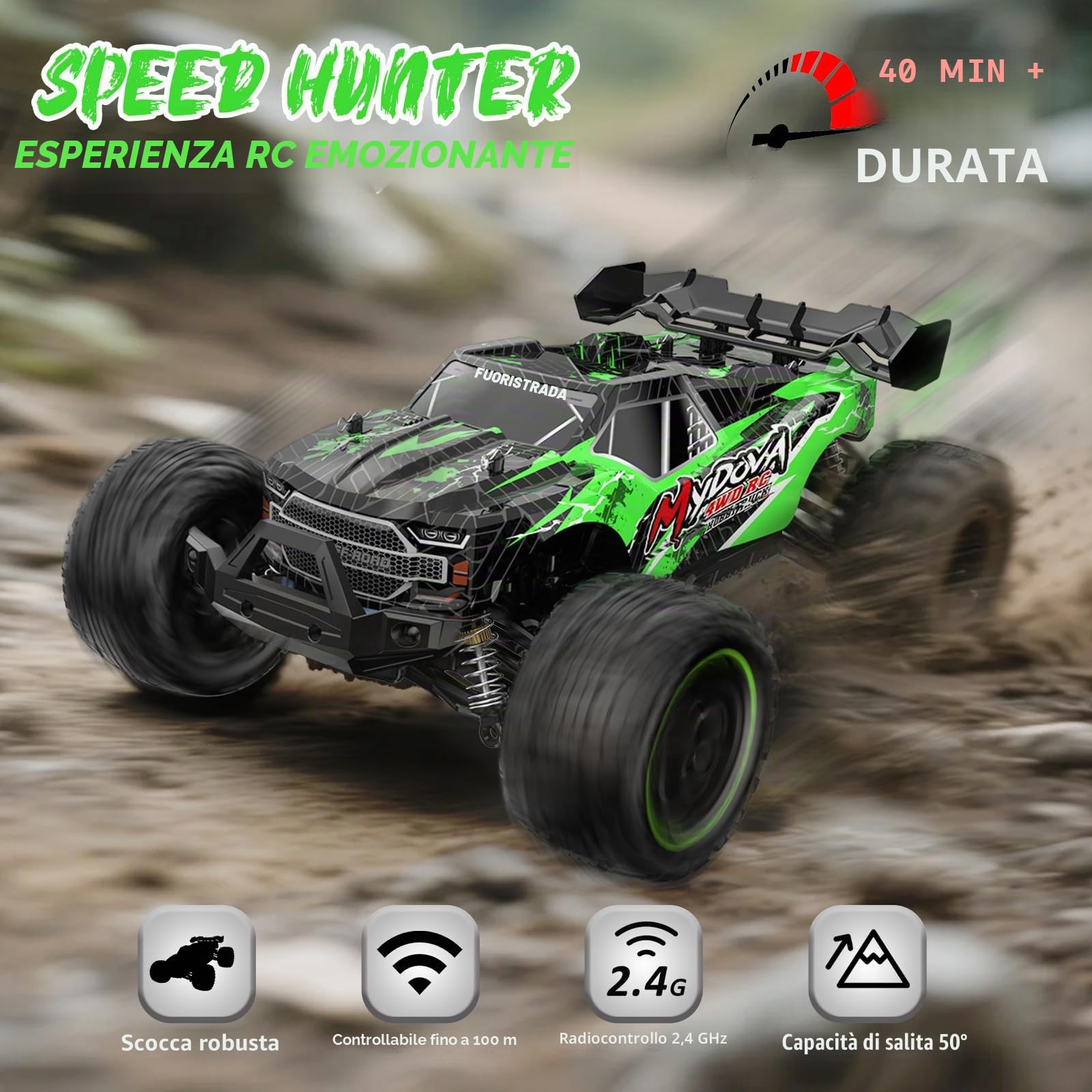 1:14 Auto telecomandata, 4X4 High Speed RC Offroad con 2 batterie, All Terrain 2.4 GHz RC Offroad telecomandato mostro truck auto da corsa giocattolo regalo per bambini e adulti