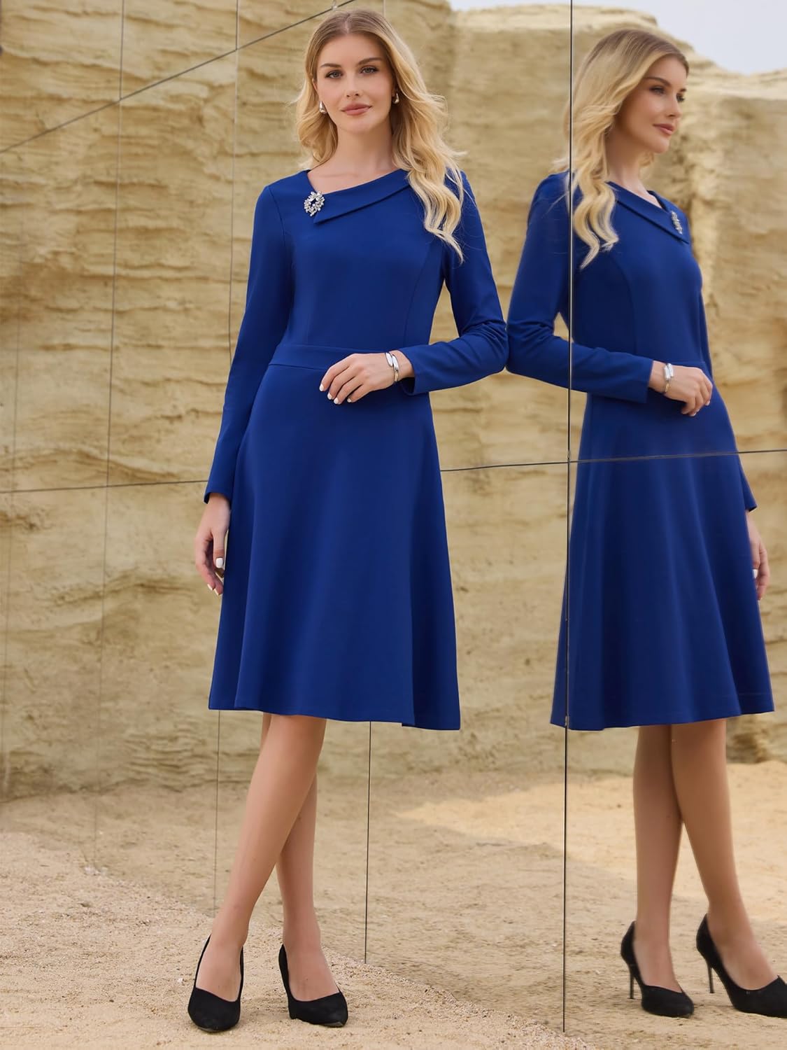 Women's A Line Work Dress Long Sleeve Asymmetrical Neckline Office Flare Dresses - Image 2