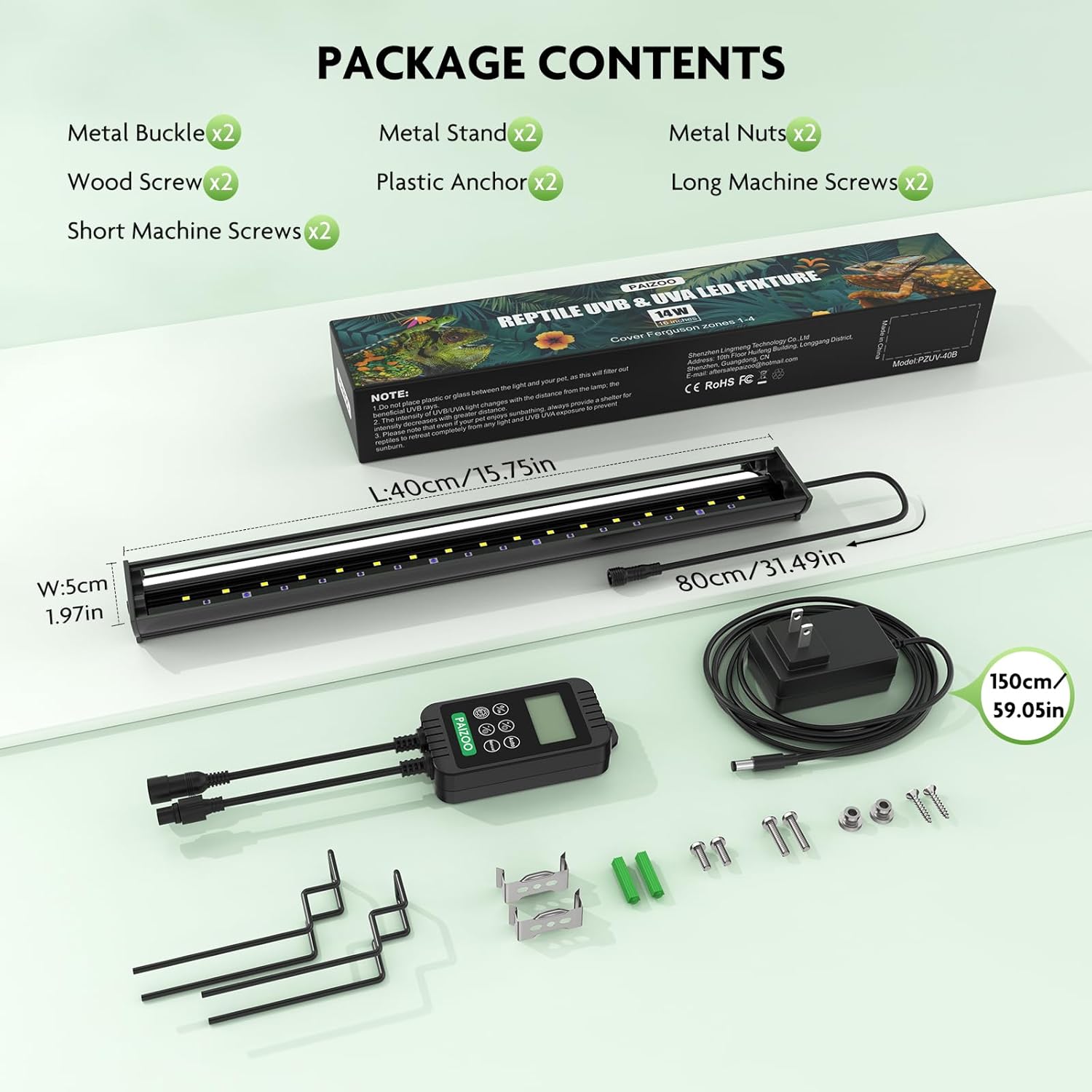 PAIZOO LED UVB Light for Reptiles, 16" UVA UVB Reptile Light with Controller, Auto and Manual Modes, Full Spectrum Reptile Lamp Bar Ideal for Bearded Dragon, Lizards, Snakes, Turtles, 14W