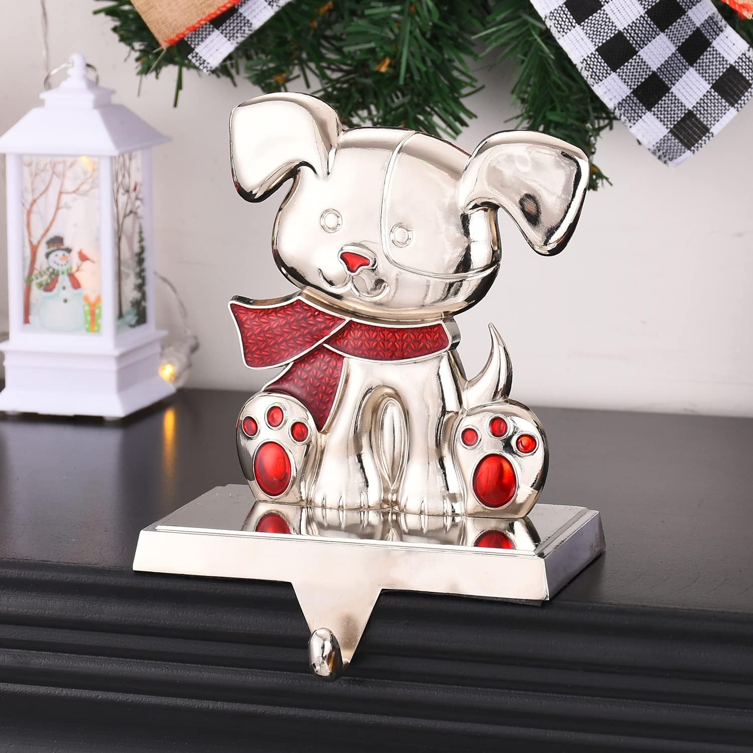 Christmas Dog Stocking Holders for Mantle,Silver Dog Stocking Hangers for Fireplace,Mantle Clip Holder Hanger for Stocking/Garland,Dog Xmas Hooks for Stocking (New Dog)