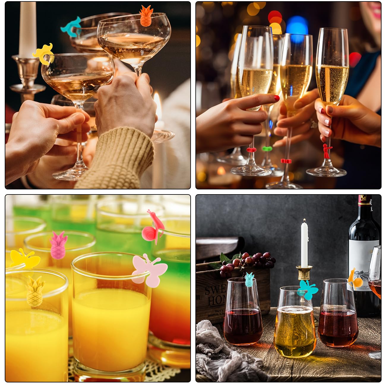 60 Piezas Marcadores de Copas de Vino, Silicona Identificadores y Adornos para Vasos, Reutilizable para Champán y Cóctel en Fiestas de Navidad