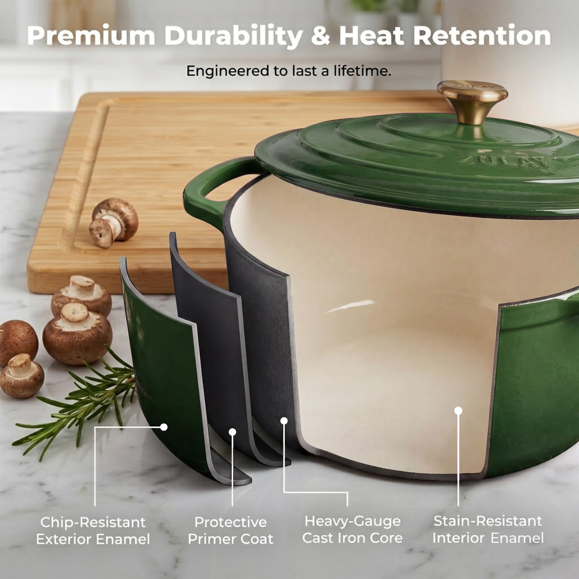 Zulay Kitchen Horno holandés de hierro fundido esmaltado de 6 cuartos con tapa, durabilidad premium y apto para horno hasta 260.0 °C, utensilios de cocina resistentes perfectos para hornear pan