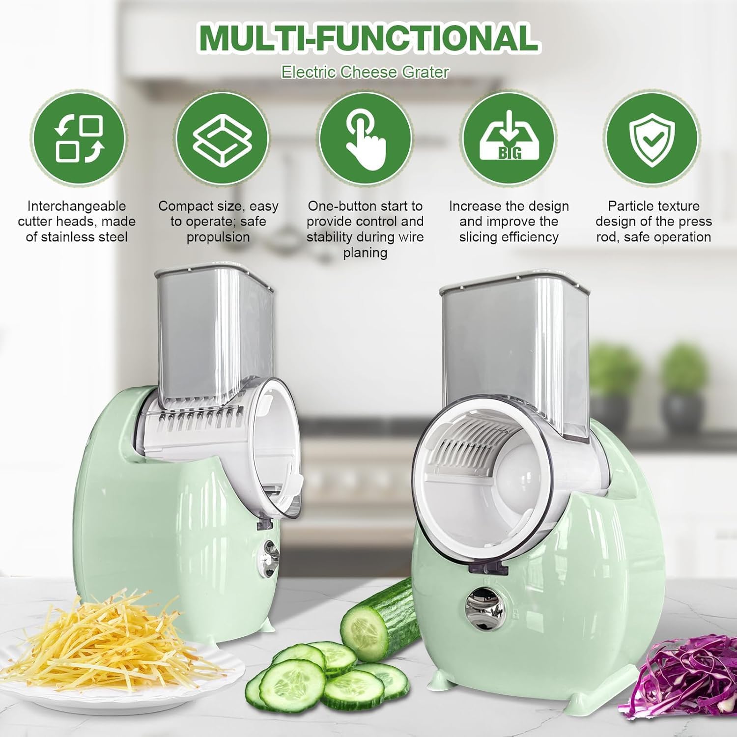 Electric Cheese Grater for Block Cheese - 3 in 1 Rotary Cheese Grater Electric Rotary Grater Salad Shooter Electric Slicer for Cheeses, Fruits, Vegetables and Nuts (Green, 6.89"x7.87")