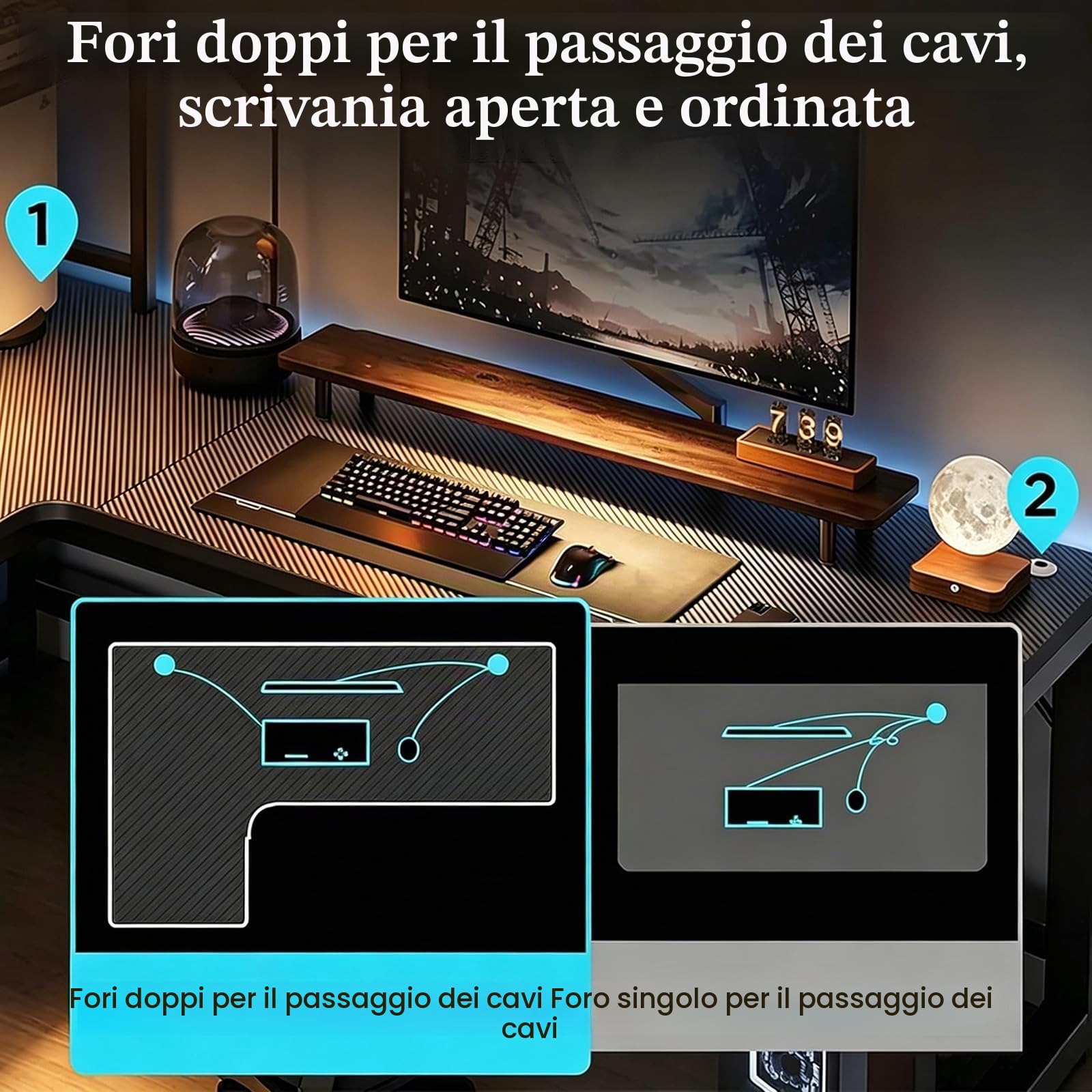 Tavolo per Computer Tipo L, Grande Scrivania Esecutiva, Finitura in Fibra di Carbonio, Base Tipo H, Gestione del Cavo, Capacità 100kg, Tavolo da Gioco Angolare Destro, 140 * 100cm