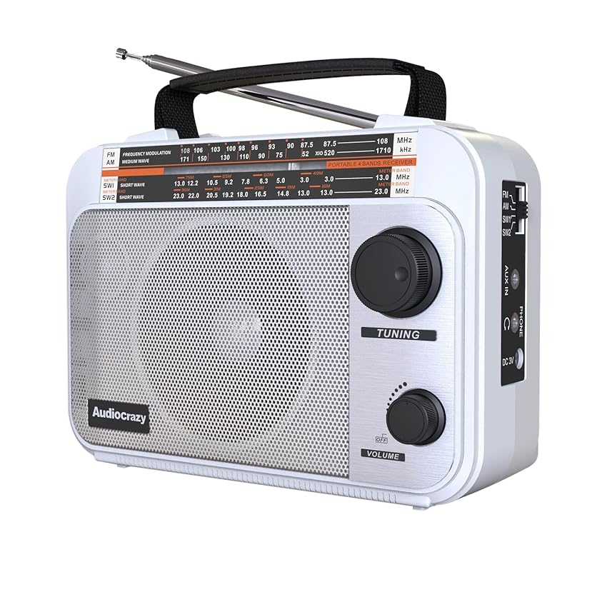 Immagine del prodotto Audiocrazy Radio Portatile AM/FM/SW1-2 Multibanda Radio con Batteria Ricaricabile da 1800 mAh, Cavo AC o Radio FM Portatile a Pile, Altoparlanti，Jack Per Cuffie, Ingresso AUX Bianco