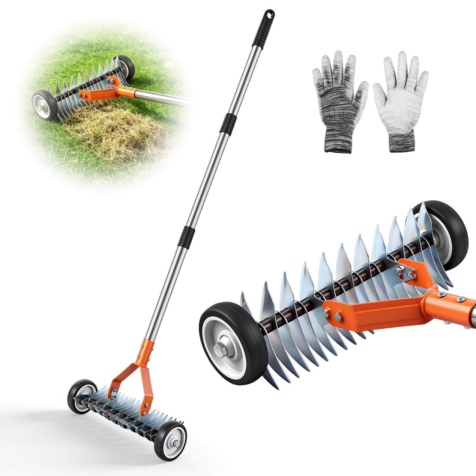 Lightasea Lawn Thatch Rake,Lawn Aerator with Wheel,Garden Rake,with Adjustable Handle,166cm Metal Rake,for Removes Dead Grass, Moss & Debris,Yard Garden Durable Soil