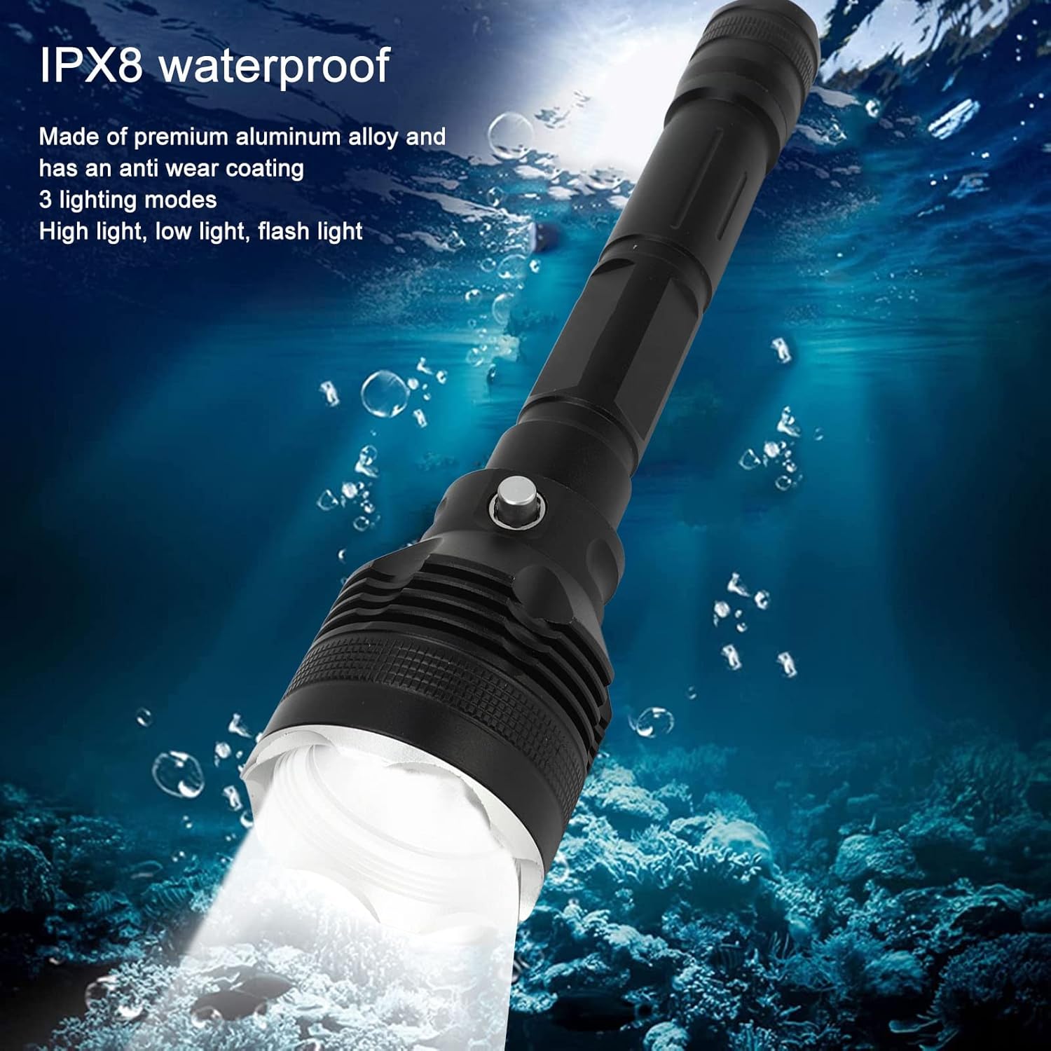 Diving Flashlight, Portable 8000LM LED IPX8 Waterproof Diving Torch Flashlight with 3 Lighting Modes for Swimming, Navigation, Cave Exploration, Hiking