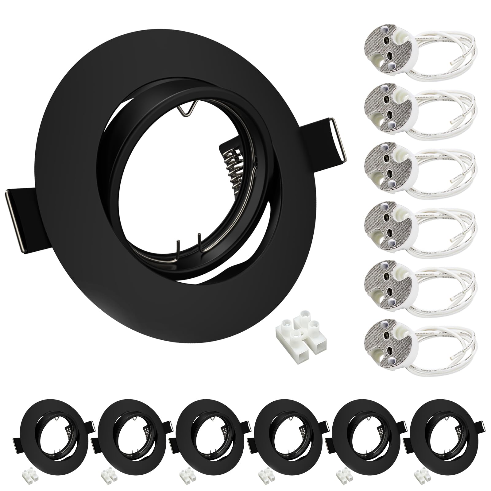Wondlumi 6X Recessed Ceiling Lights Round GU5.3 12V Downlights for Ceiling Mounting Frame Matt Black 360° Tilt Swivel GU5.3 Downlight Fitting, Outer Diameter: 90mm, Cutout Ø68-80mm, No Bulbs