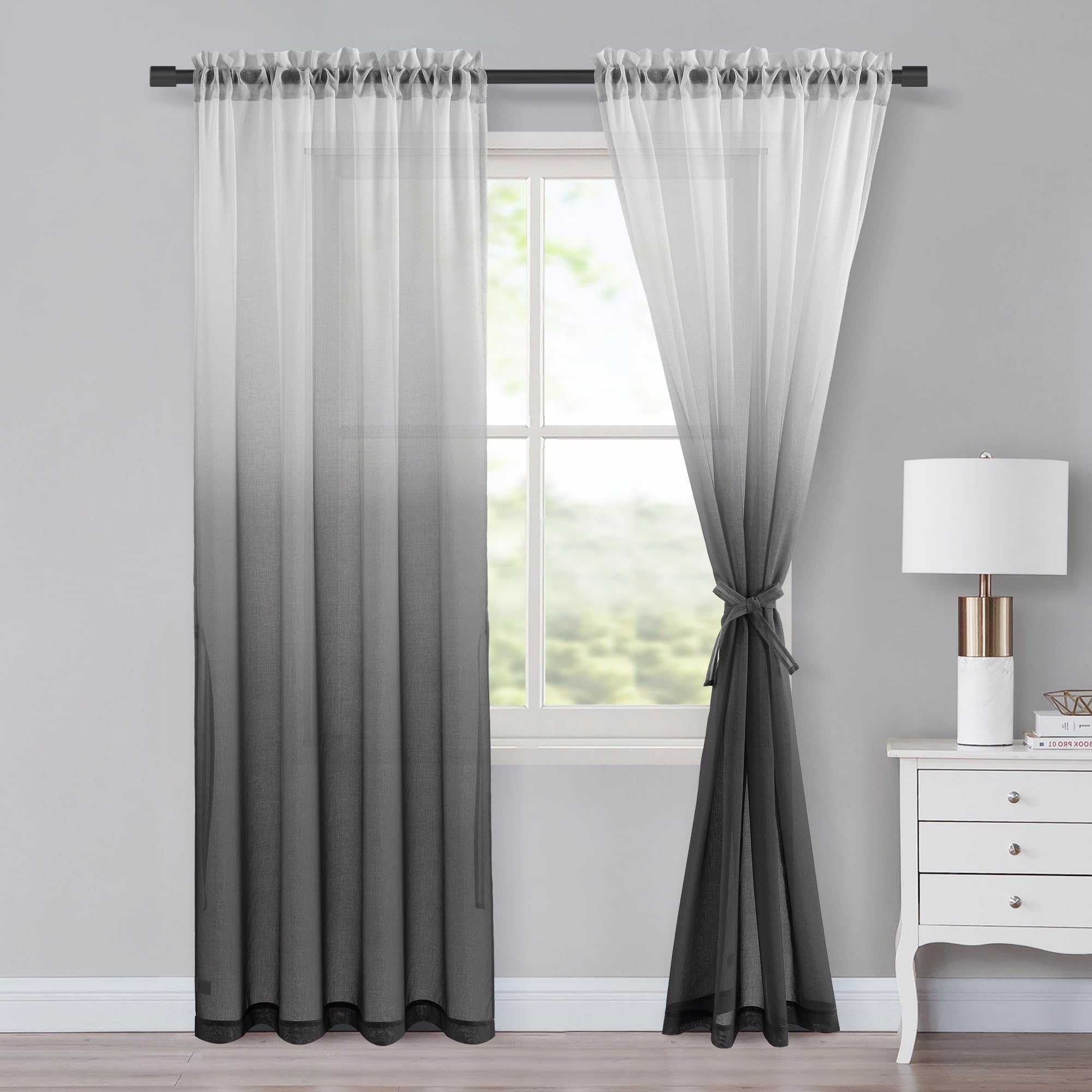 XWZO Ombre Voile Curtains，2 Panels Net Curtains for Windows, Rod Pocket Sheer Curtain for Bedroom Kitcken Living Room，Grey，W55 x L89