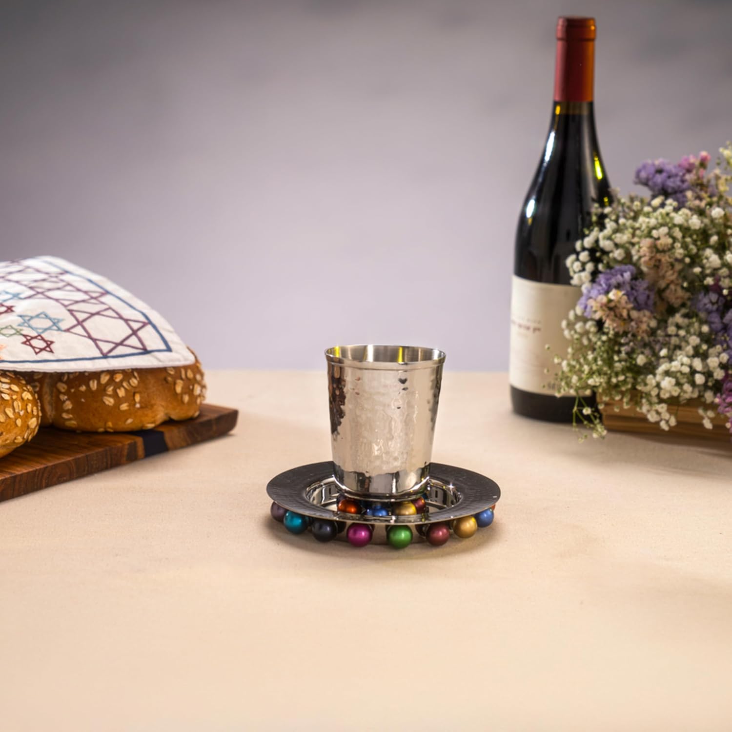 Kiddush Cup & Fountain Set - Yair Emanuel KIDDUSH CUP AND PLATE WITH BEADS MULTICOLORED (Bundle)