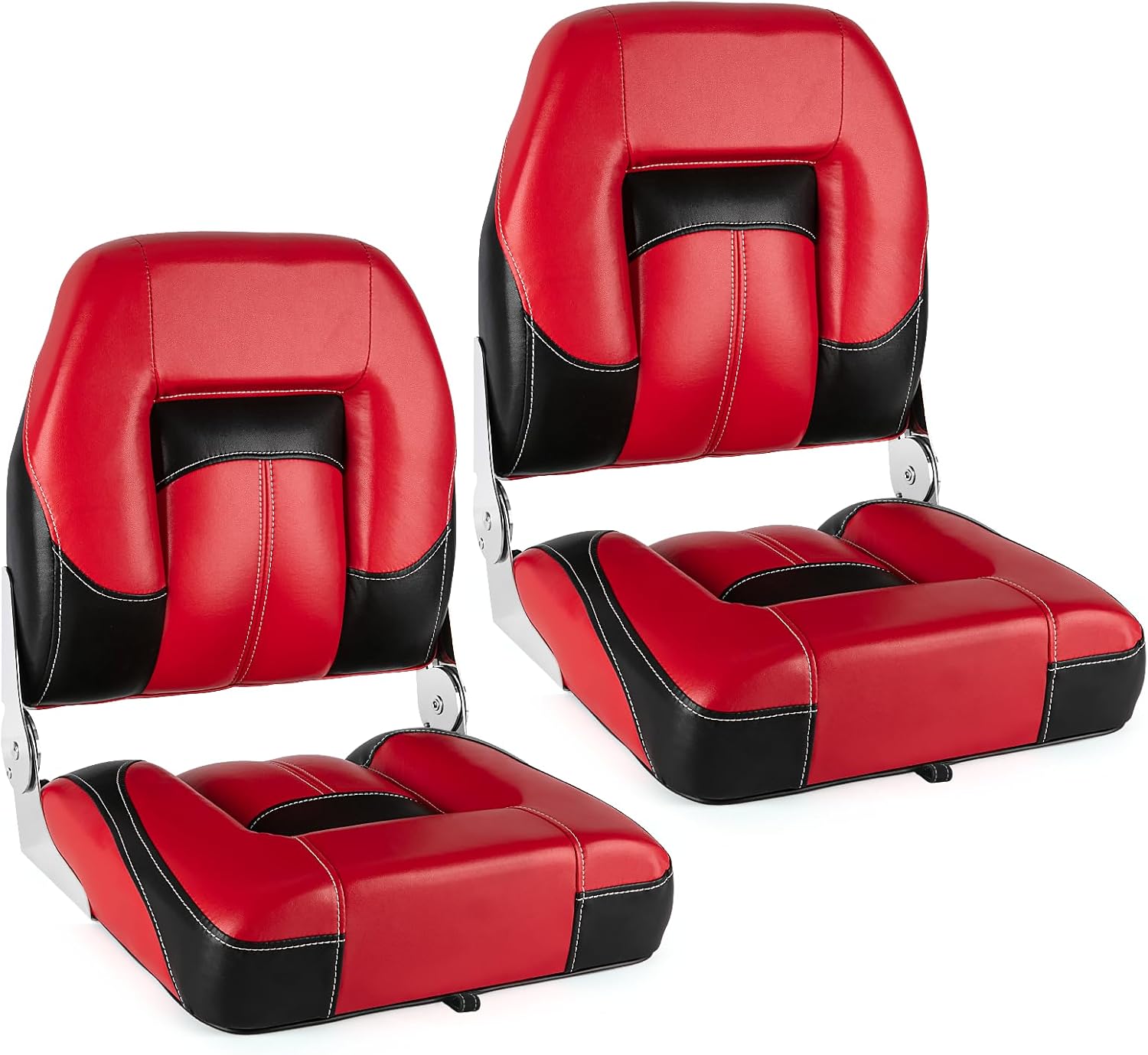 Folding Boat Seats Low Back 2 Pack, Waterproof Fishing Boat Captain Chairs, Stainless Steel Hinges and Microfibre Leather Includes 4 Stainless Steel Screws, Red and Black