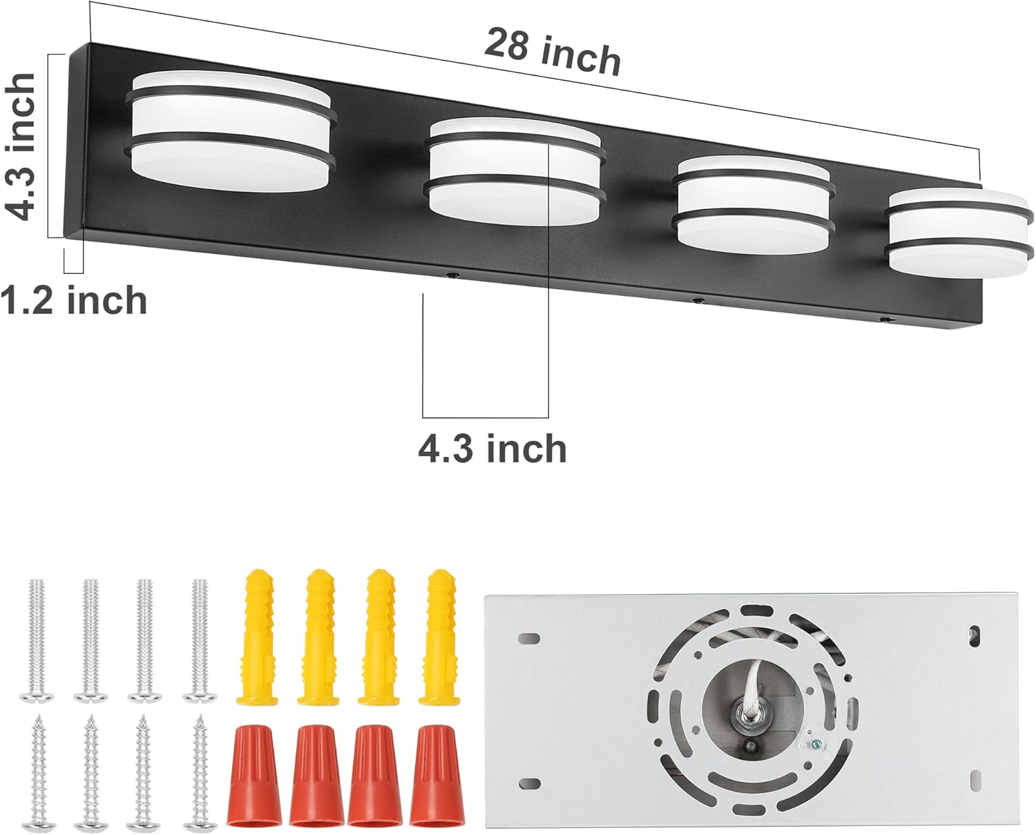 3 Color Temperature Dimmable Bathroom Light Fixtures Over Mirror, LED Black 4 Light Vanity Lighting Fixtures, Acrylic Stainless Steel Oval Shade Vanity Lights for Bathroom, ETL Certificated
