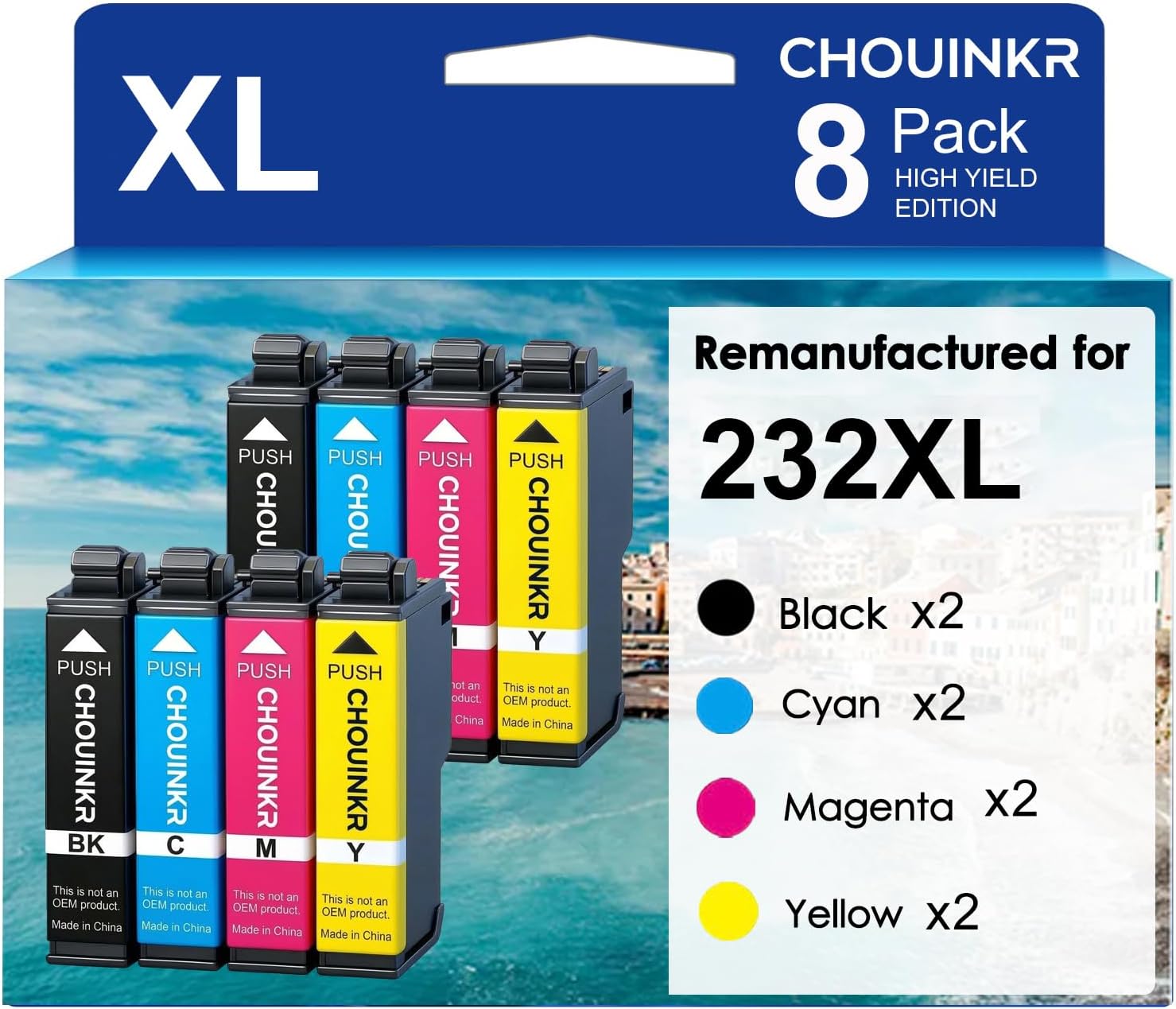 Remanufactured for Epson 232XL Ink Cartridges Combo Pack 232 with Expression Home XP-4200 XP-4205, Workforce WF-2930 WF-2950 (8-Pack 2 Black, 2 Cyan, 2 Magenta, 2 Yellow)