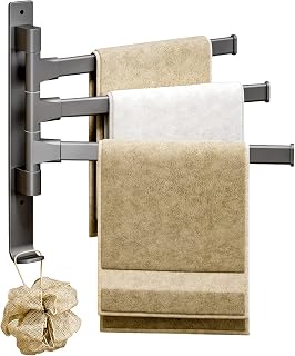 Self Adhesive Swivel Towel Rail Wall Mounted Towel Rack Holder with 3 Swivel Bars 180° Rotatable Bathroom Towel Holder | 2 Installation Methods Drilling or No Drilling | Dark Grey