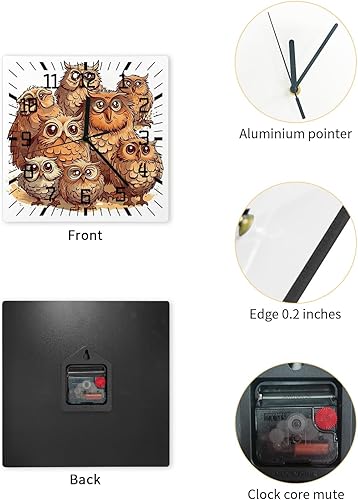 Miniatura 2 de Reloj de pared de madera con diseño de búho marrón, silencioso, sin tictac, lindos animales de dibujos animados, acuarela, reloj de pared cuadrado,