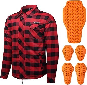 WOSAWE Mens Plaid Flannel Biker Shirt Removable Pads Motorcycle Jakcet Long Sleeve Thermal Riding Shirts