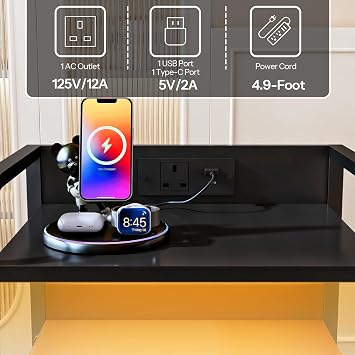HOOBRO Bedside Table, Nightstand with Charging Station and LED Lights, Side Table with 2 Drawers and 2 Open Shelves, Metal Frame, for Living Room, Bedroom, Study, Black EBB021KDBZ01