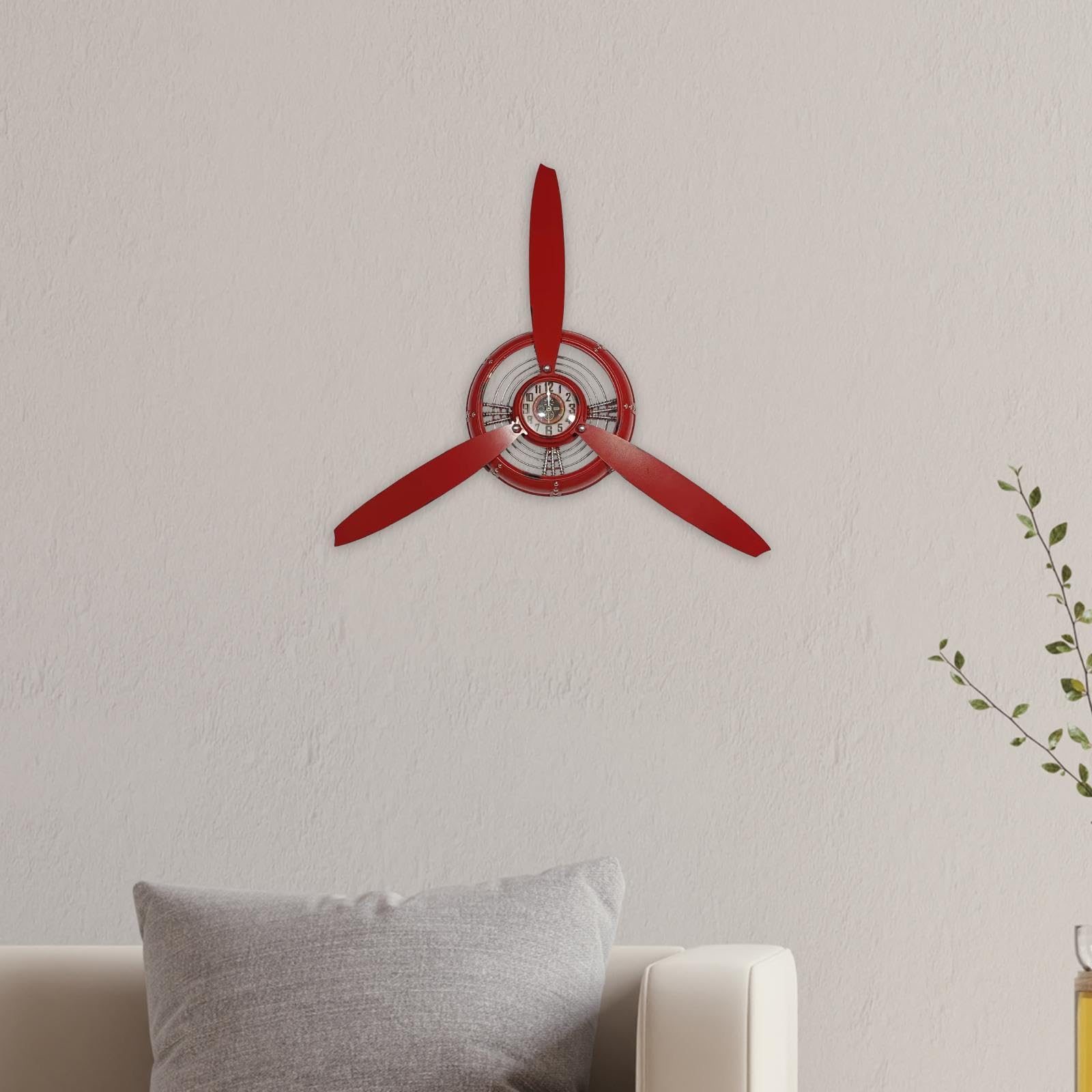 Reloj de Pared de Metal con Forma de Hélice, Escultura de Pared, Reloj Decorativo de Inspiración Aeronáutica con Estilo Industrial Y Fácil Montaje Par, Rojo, Individual