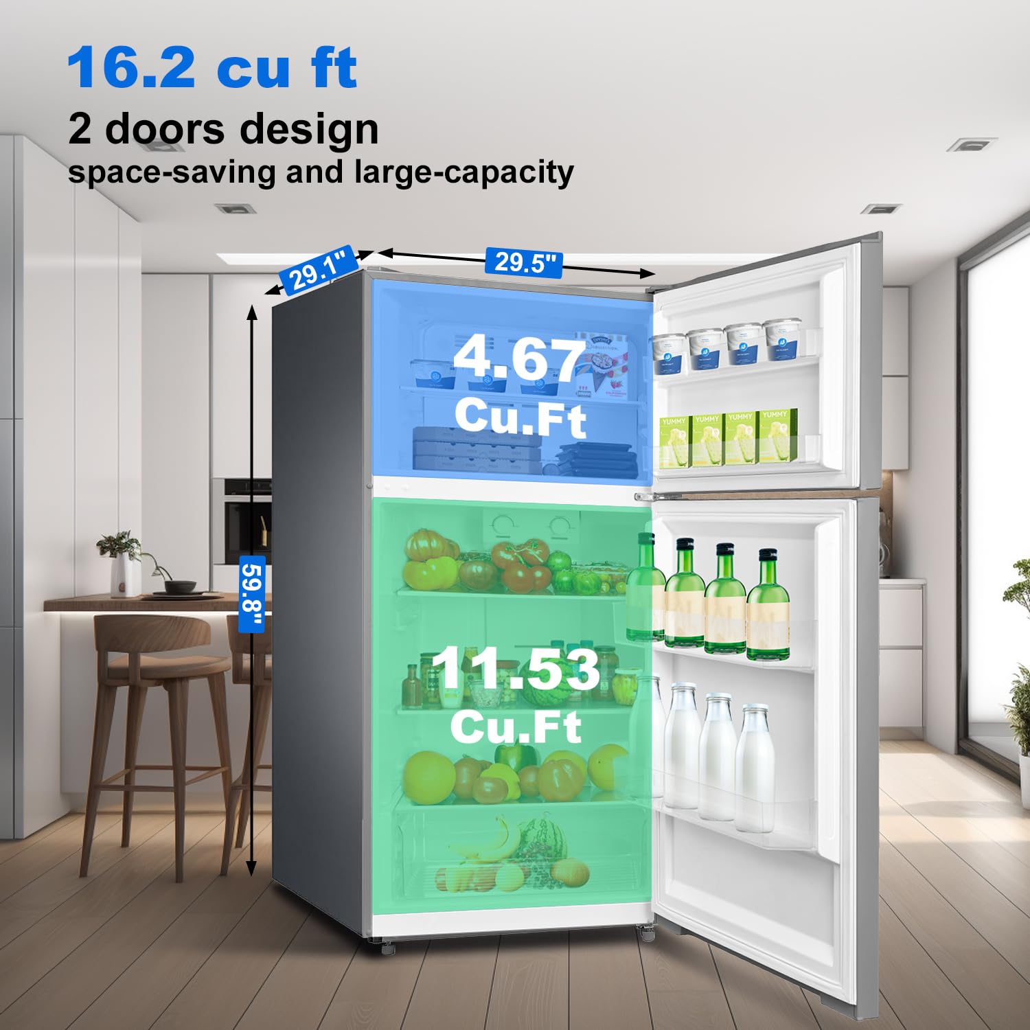 SMETA 18 Cu. Ft Refrigerator for Kitchen Full Size Top Freezer Top Mount Fridge 30" Frost Free, Apartment Garage Ready Refrigerators Double Door with LED light 66 inch tall, White on Fridge.com