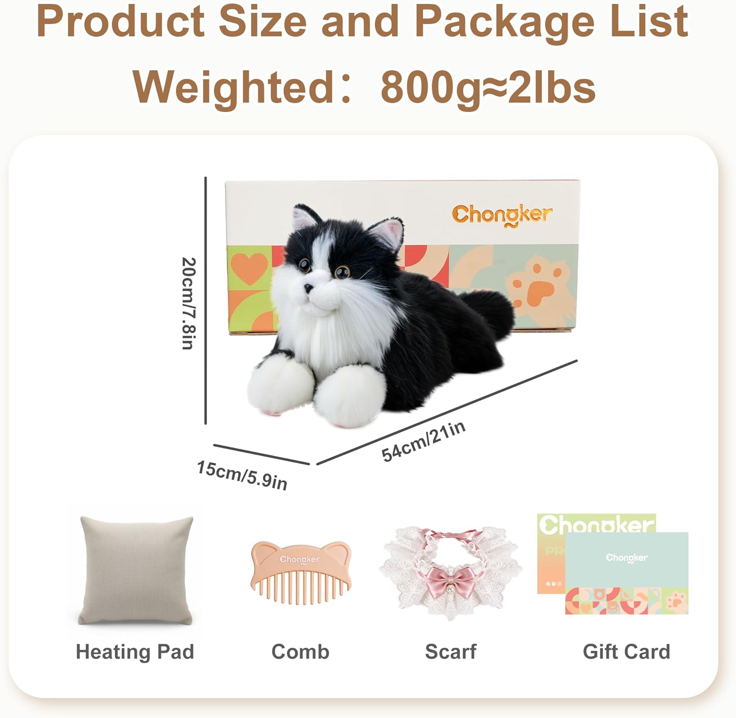 Chongker Microwavable & Weighted Stuffed Animals, 2 lbs Heated Stuffed Animal Cat Plushie with Removable Unscented Heating Pad for Belly Neck Shoulders, Plush Toys for Adults Children (White+Black)