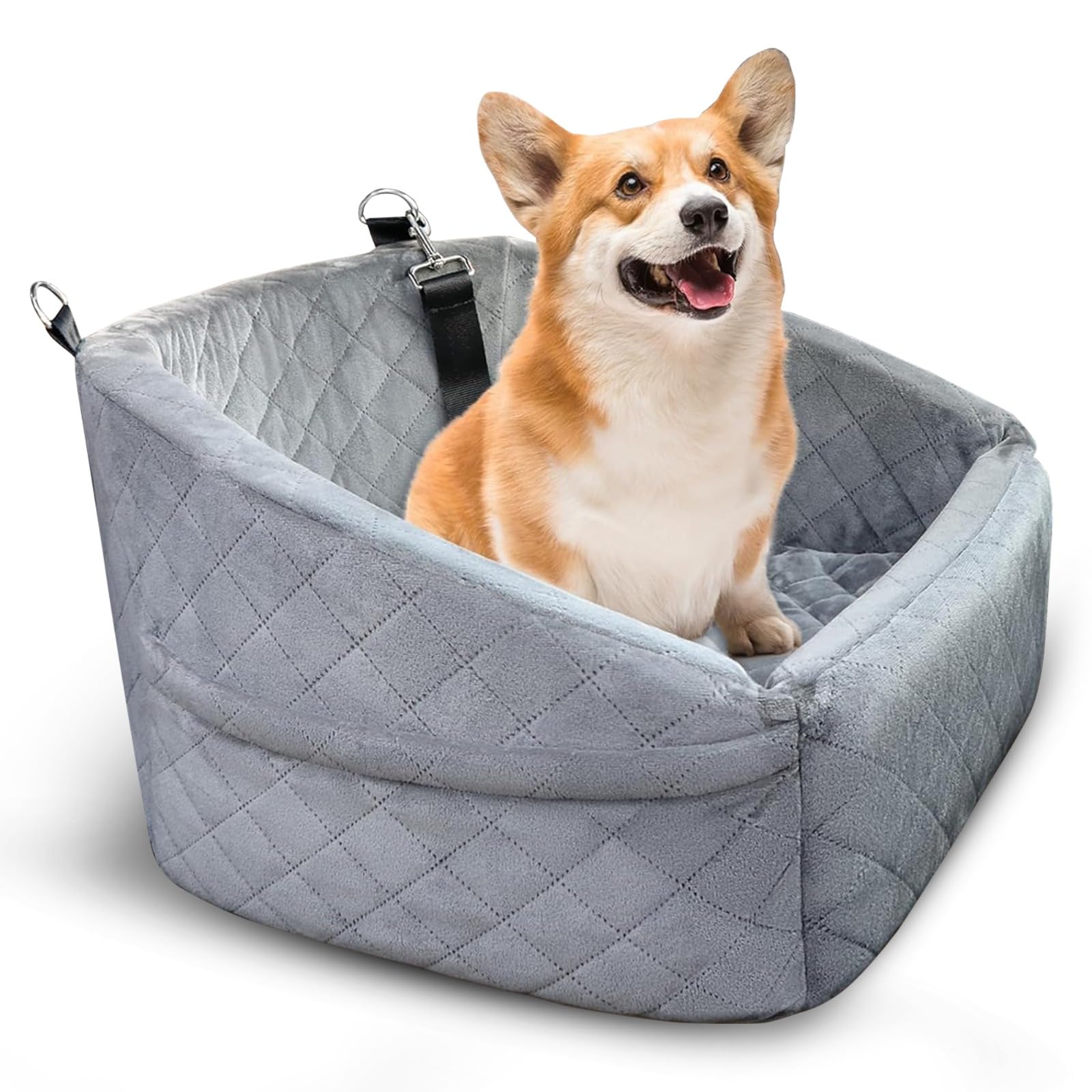 Dog Car Seat for Small Medium Sized Dogs & Cats – Booster Seat with Safety Belt, Non-Slip Bottom, Washable Bed, Storage Pockets – Pet Car Seat for Dogs/Puppy Cats Under 5-35 lbs (Grey)