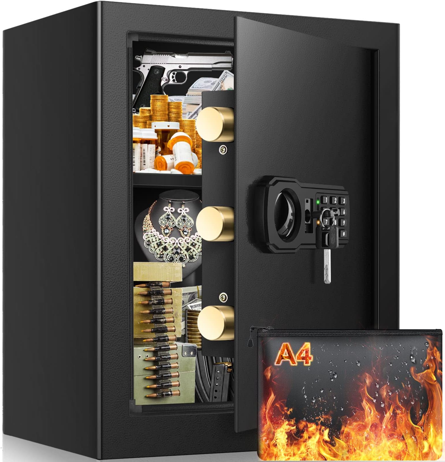 2.4 Cubic Large Fireproof Safe Box with Fireproof Document Bag, Personal Security Home Safe with Removable Shelf, Anti-Theft Lock Box for Documents Money Jewelry Valuables