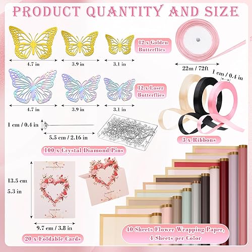 Miniatura 3 de Thrilez El kit de papel de regalo de 187 piezas incluye 40 papeles florales, 24 mariposas, 100 pines de ramo, 3 cintas y 20 tarjetas de felicitación