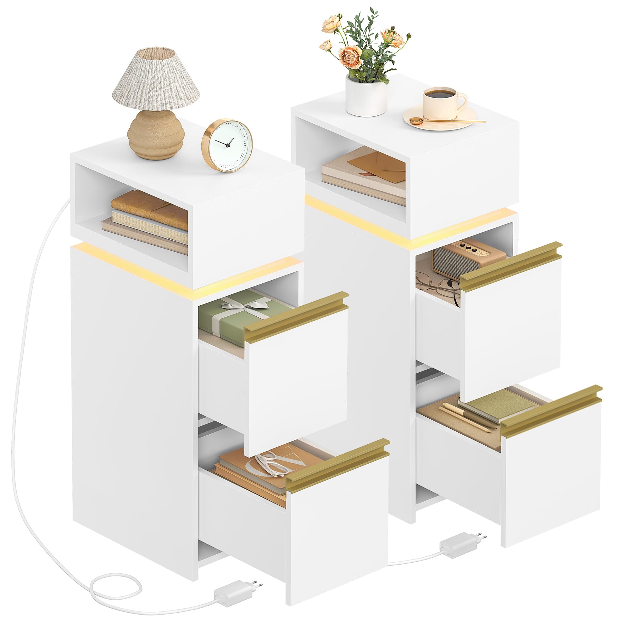 HEXCELEN Comodino Stretto, Set di 2, Comodino con Luce LED, Tavolino con 2 Cassetti e 1 Spazio Aperto, Mobile Salvaspazio per Camera da Letto, per Camera da Letto, Soggiorno, Moderno, Bianco