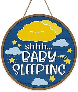 Shh Baby Sleeping Front Door Sign, Navy Blue Cloud Stars Wood Hanger Nursery Kids Infant Children Bedroom Home Decor, Farmhouse Rustic Wooden Wreath Indoor Wall Hanging Decoration