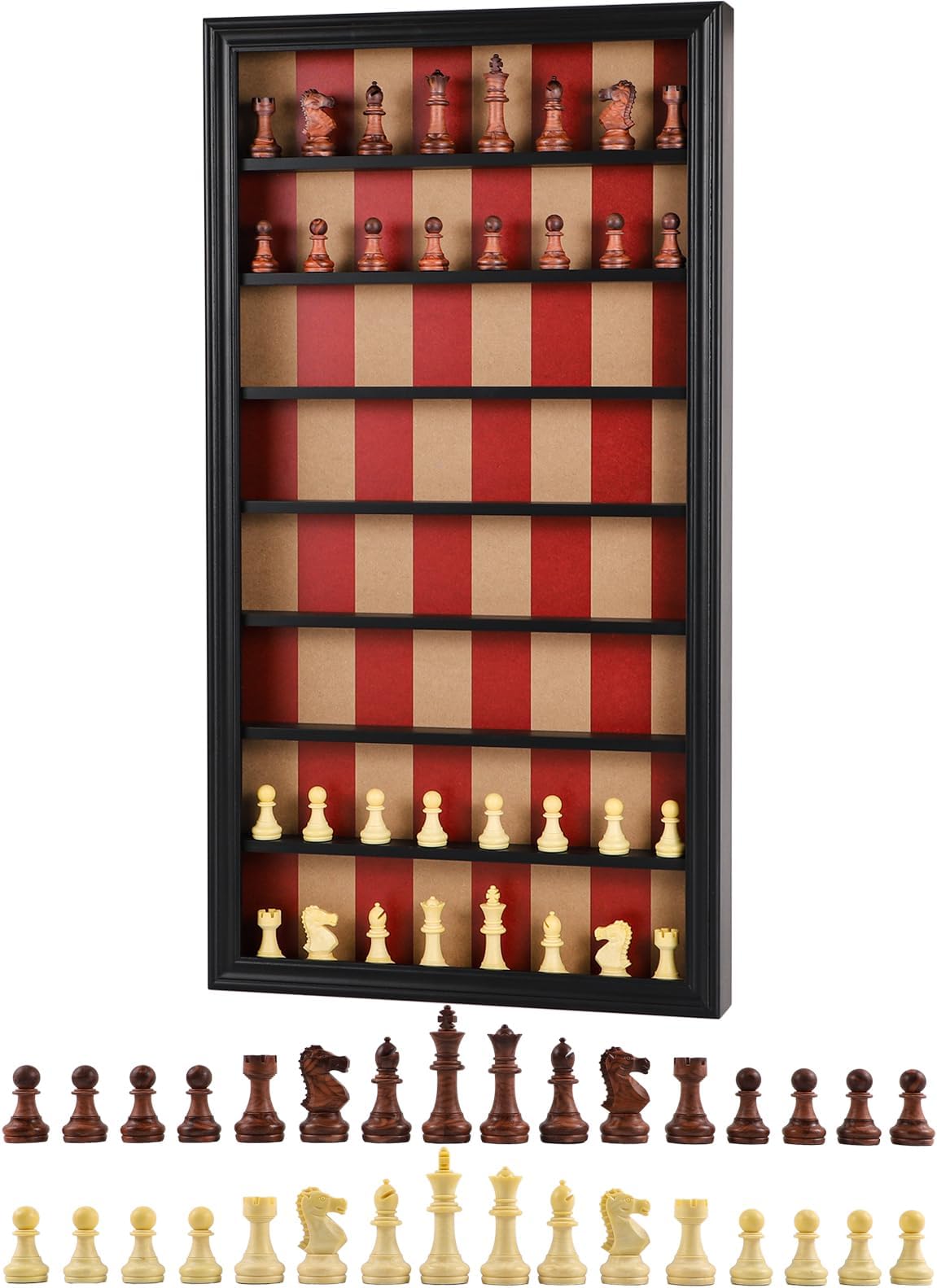 Giant Wall Mounted Board Game Wooden Chess Game Set with A Complete Set of Carved Chess Pieces Vertical Display Cabinet for Home Games Hanging Art Home Decoration (Black)