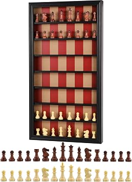 Giant Wall Mounted Board Game Wooden Chess Game Set with A Complete Set of Carved Chess Pieces Vertical Display Cabinet for Home Games Hanging Art Home Decoration Black