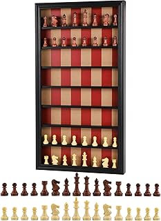 Giant Wall Mounted Board Game Wooden Chess Game Set with A Complete Set of Carved Chess Pieces Vertical Display Cabinet for Home Games Hanging Art Home Decoration (Black)