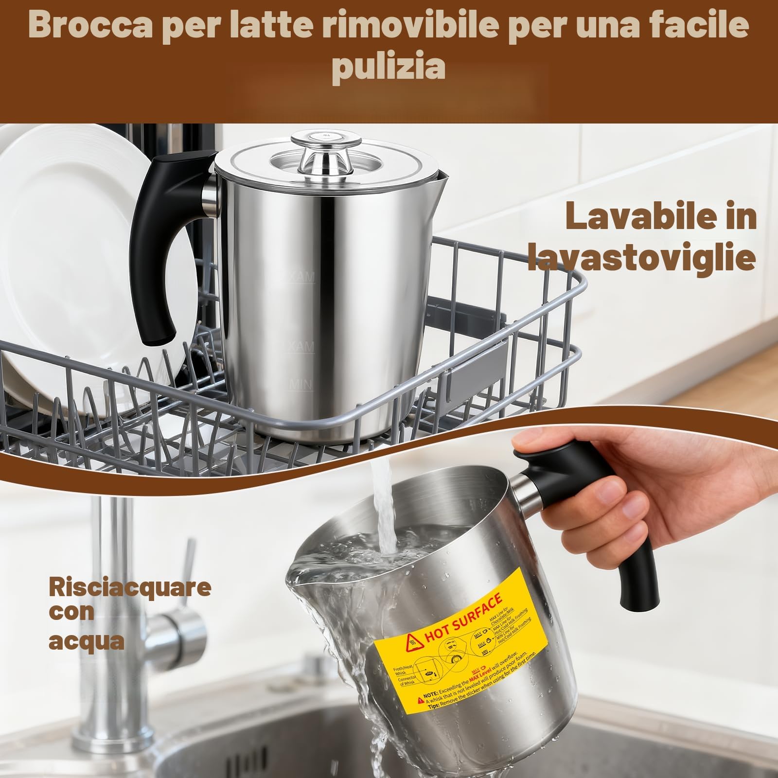 Montalatte elettrico – Montalatte 5 in 1, contenitore in acciaio inox da 500 ml, contenitore rimovibile e lavabile in lavastoviglie, controllo della temperatura, per latte caldo e freddo, cappuccino