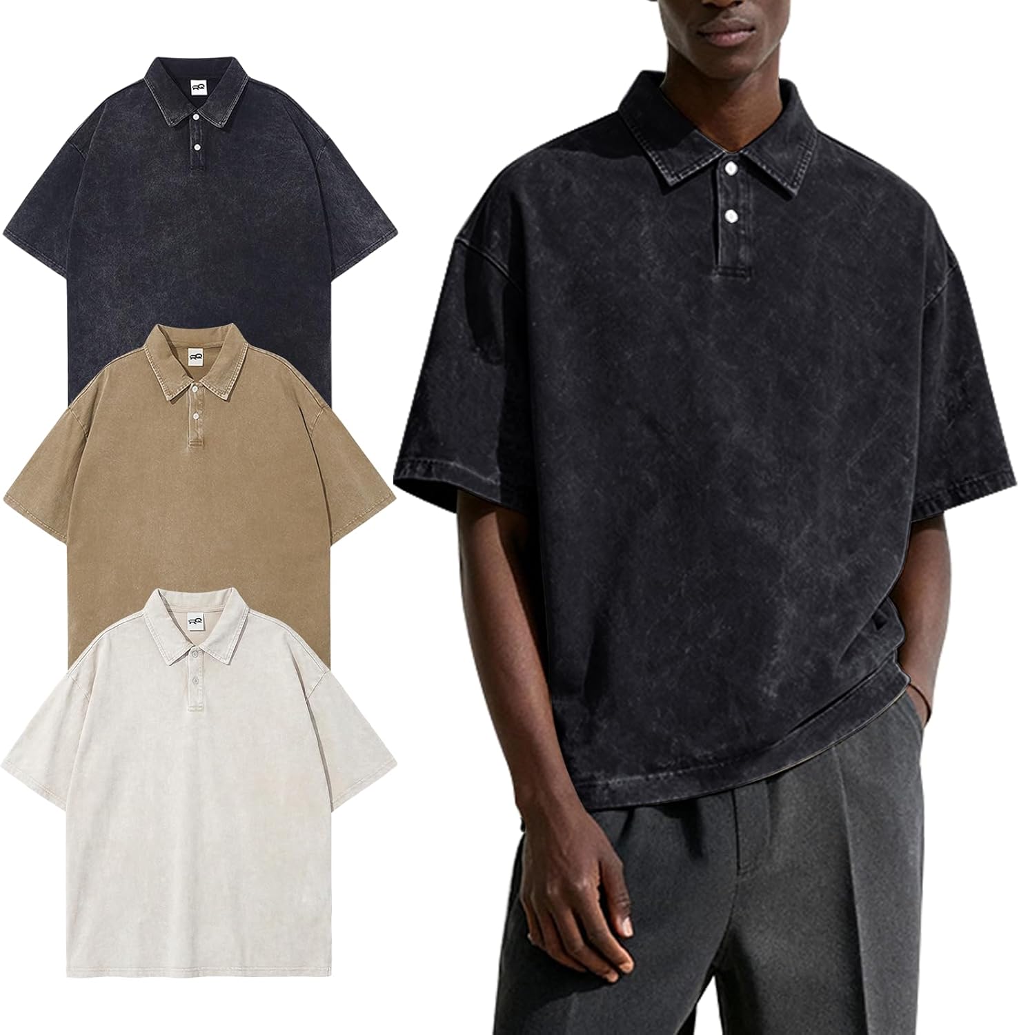 Arssm Mens Polo Shirts Acid Washed Cotton Overzied T Shirts Baggy Short Sleeve Vintage Polo Shirts