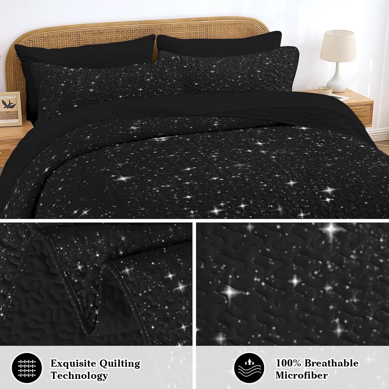 Pamnest 7 Pcs Quilt Set King Size, Galaxy Stars Space Soft Bed Cover Bedding Set for Kids and Adults, Night Black Sky Bedspread with Fitted Sheet 2 Pillowcases & 2 Shams for All Season