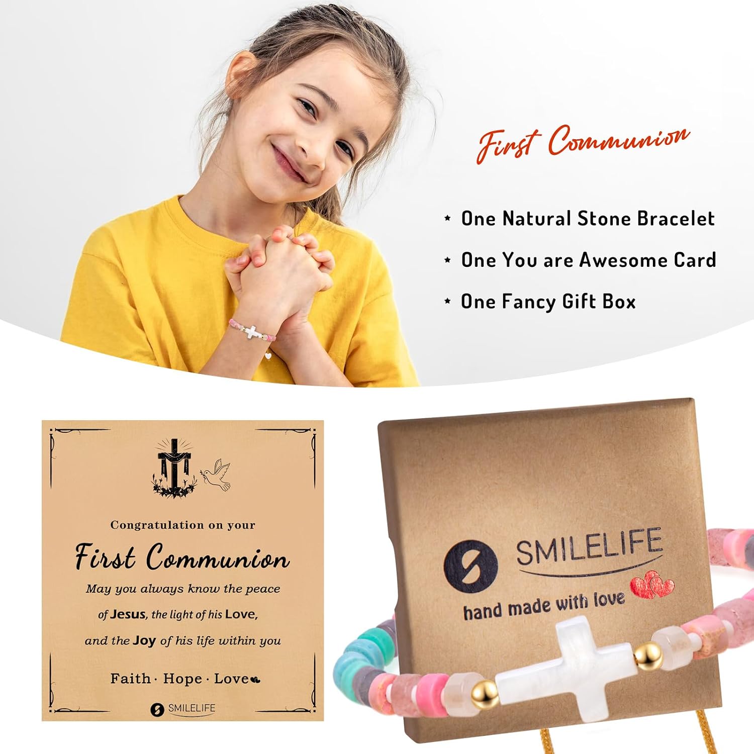 Smilelife First Communion Gifts for Boys and Girls, Women - Inspirational Cross Bracelet with Blessing Card