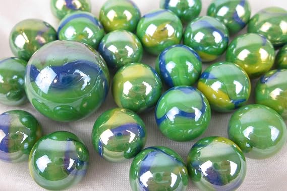 Big Game Toys~25 Glass Marbles Peacock Iridescent Green/Blue/Yellow Swirl Classic Style Game Pack (24 Player, 1 Shooter) Decor/Vase Filler/Aquarium