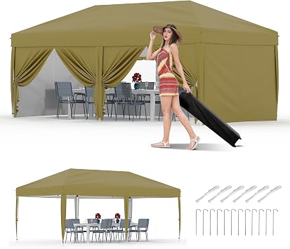 10X20 Pop Up Canopy Tent with 6 Sidewalls Heavy Duty Commercial Instant Shelter, One-Person Quick Setup Outdoor Party Tent, Water-Resistant & Portable, Khaki