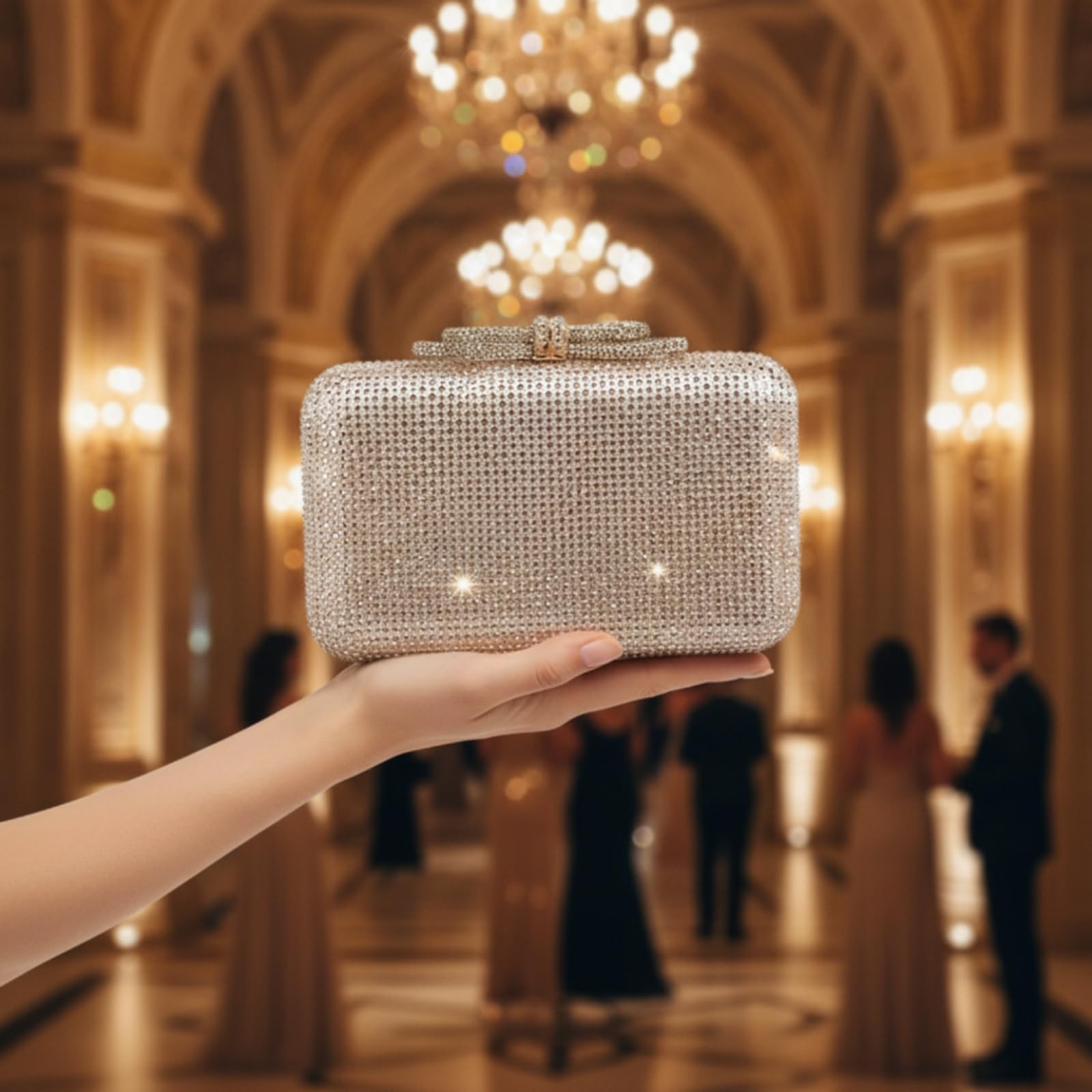 Bolso de Fiesta para Mujer Bolso Clutch Cartera de Mano Bolso de Noche Cartera Elegante con Cierre Metálico Exterior con Brillo de Pedrería Estuche, Array, Negro