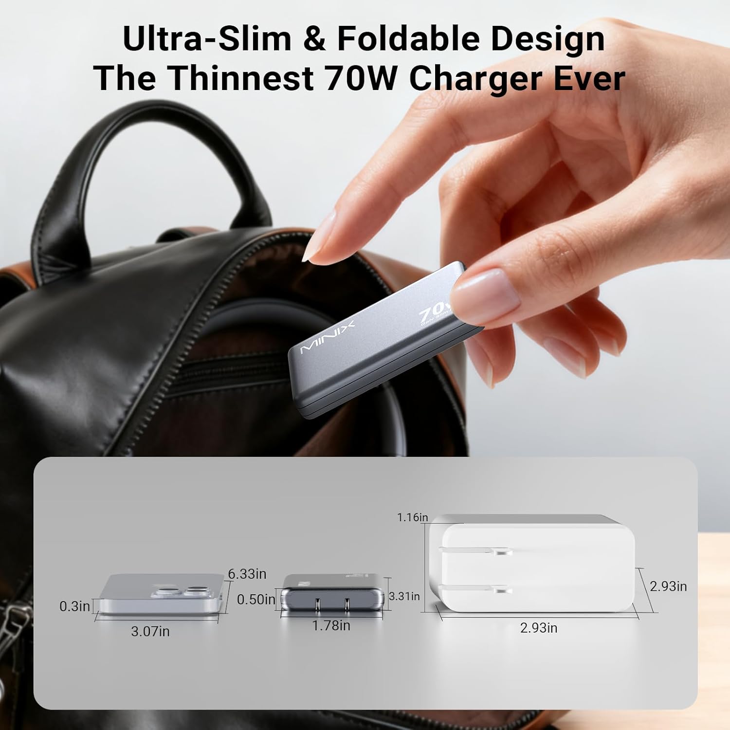 MINIX 70W Flat USB C Wall Charger Block, Slim & Flodable Dual Type C GaN Charger Plug Fast Charging for iPhone 17/16/15 Series, MacBook Air, iPad Pro, Galaxy S25/S24, Pixel 10/9, Steam Deck