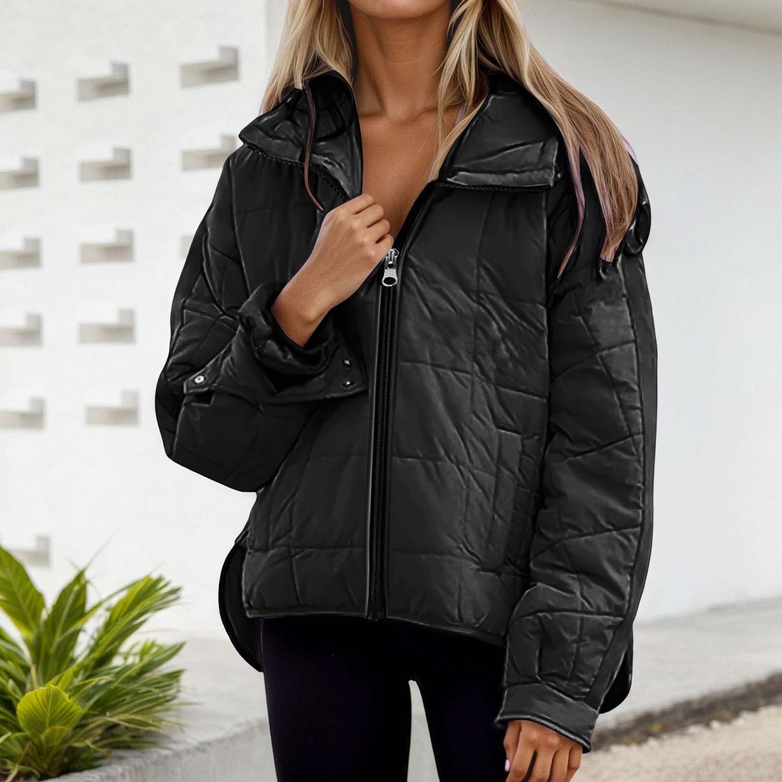 Genérico Chaqueta Mujer Invierno Acolchado,Abrigo Ligero De Invierno con Capucha Manga Larga Cremallera Estilo Casual Corte Holgado Color Liso Bajo Redondeado para Comodidad En Climas FríOs