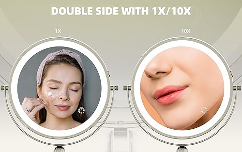 Miniatura 4 de Rocollos Espejo de maquillaje iluminado con aumento de 1X10X, altura ajustable y 3 luces regulables de color, espejo de tocador recargable de 8