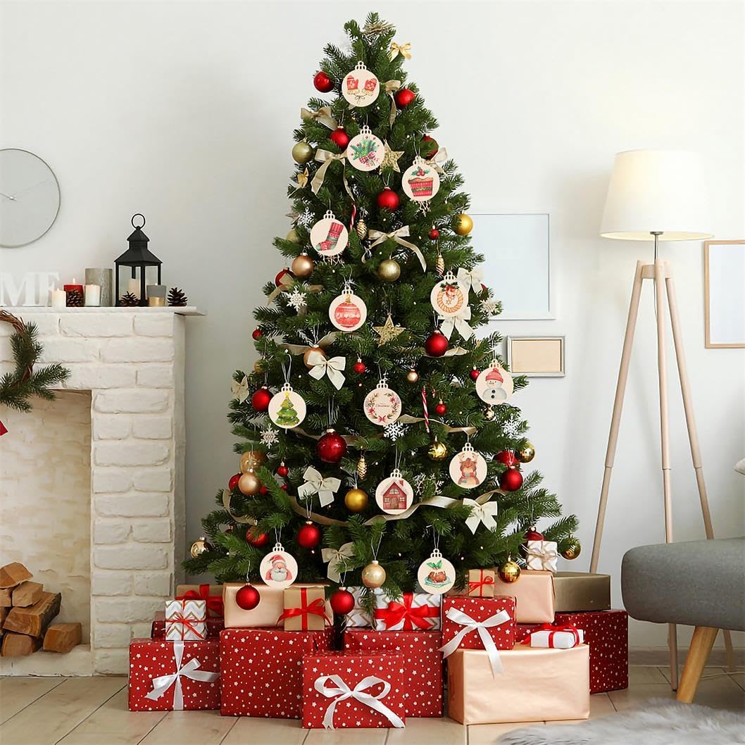 Round Wooden Circles with Holes - 20 Pcs Unfinished Natural Wood Slices for Painting, Crafts Christmas Ornaments DIY Crafts Hanging Decorations Size:3.13in x 2.55in