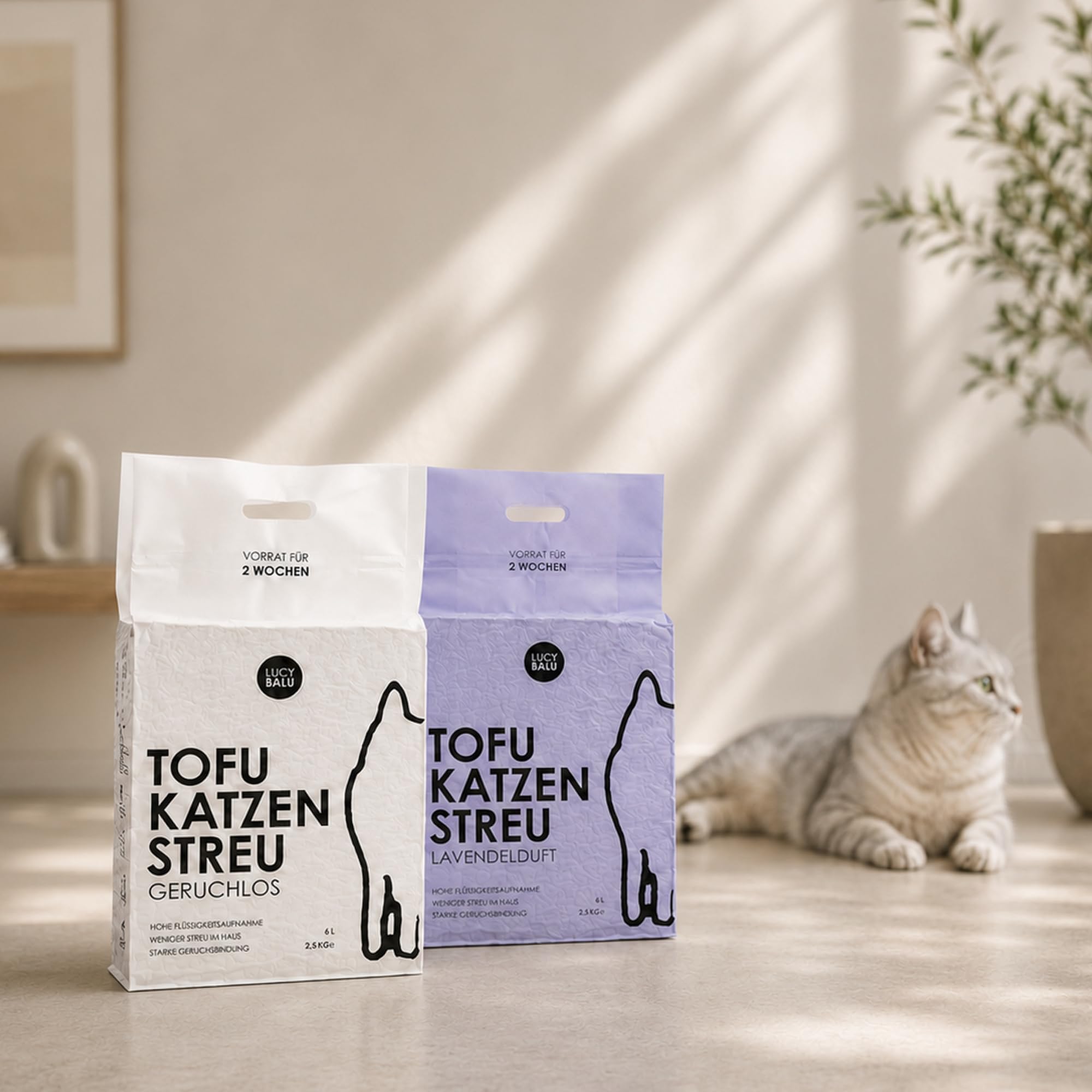 LucyBalu® TOFU Katzenstreu klumpend, staubarm, spülbar – Lavendel | Pflanzliche Streu, biologisch abbaubar, kein Streu im Haus, toilettenspülbar