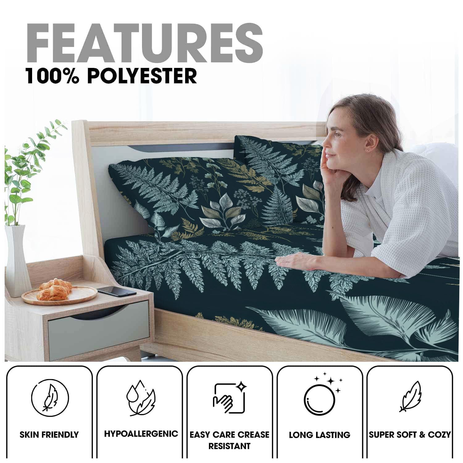 Sábanas 200X190/200Cm - Juego De Sábanas 3 Piezas Estampadas Helecho Dibujado A Mano - Microfibra Suave Transpirable - Sábana Bajera Ajustable - Ropa De Cama Plantas Vintage (Turquesa)