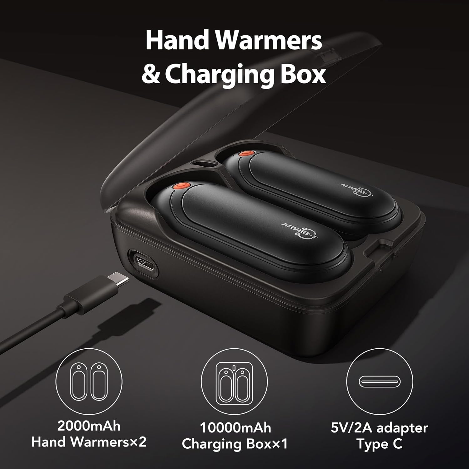 Hand Warmers Rechargeable 2 Pack，5 Levels Double Sided Heating Electric Hand Warmer with 10000mAh Charging Case Portable Pocket Heater Gifts for Christmas Winter Outdoor Golf Hunting Camping